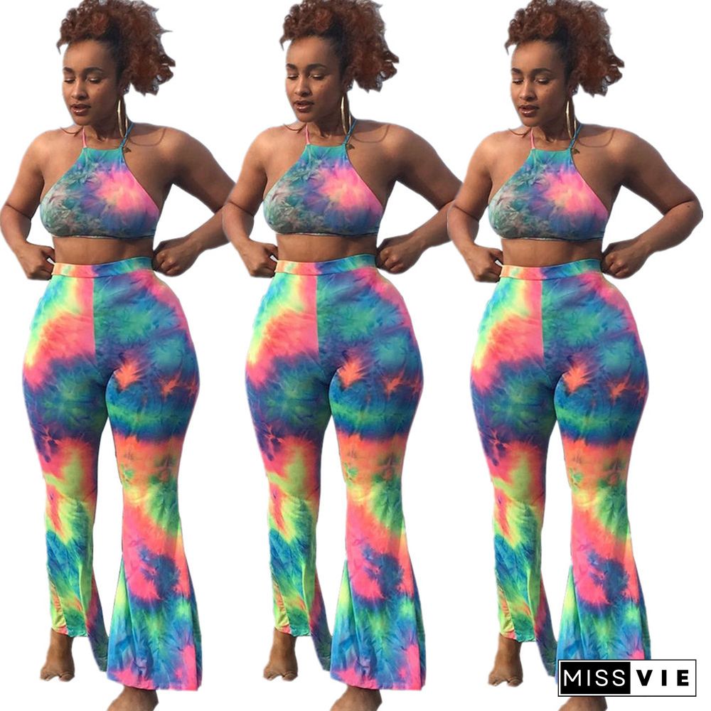 Tie Dye Sexy Halter Backless Crop Top Long Pants 2 Piece Set