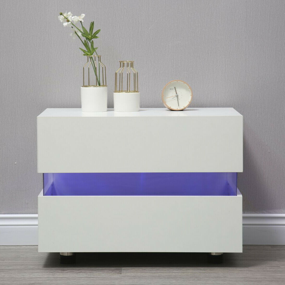 Oukaning White Bedside End Table Nightstand 2 Drawers w/ Multi-Colour LED Backlight