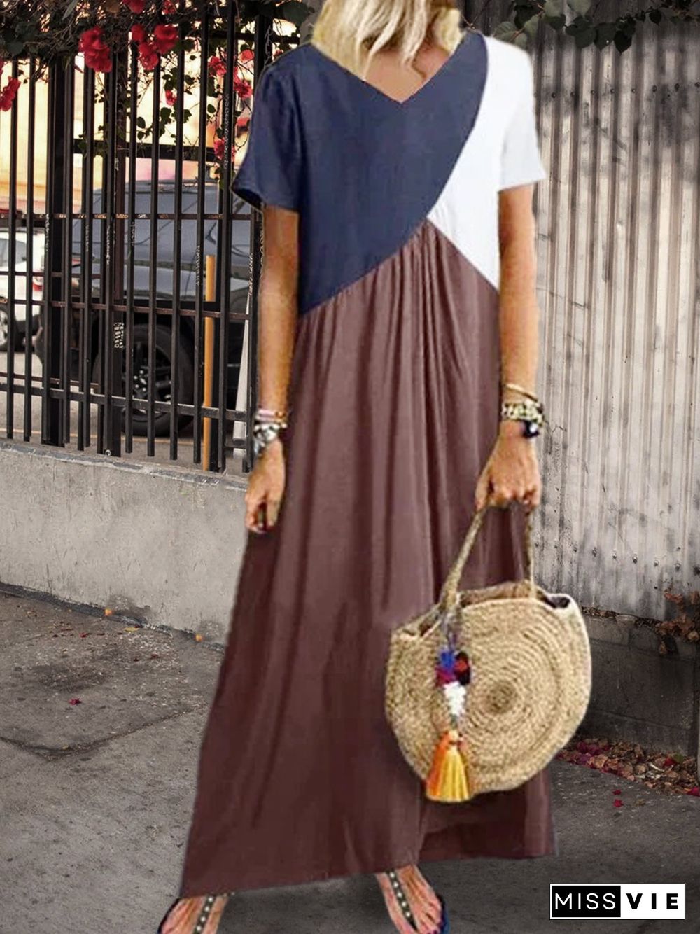 Women Casual Solid Color Cotton V Neck Plus Size Maxi Dresses