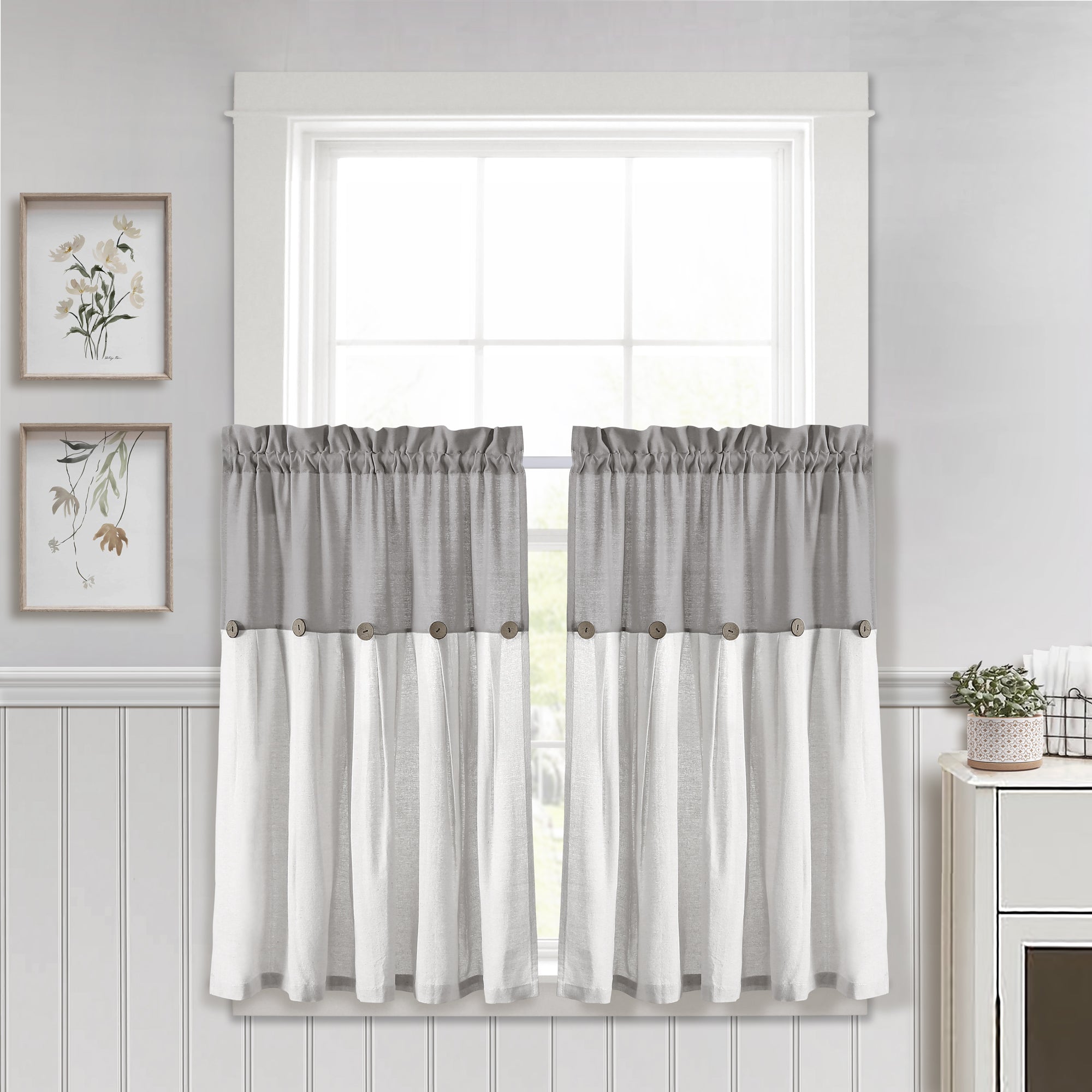 Linen Button Kitchen Window Tiers Set