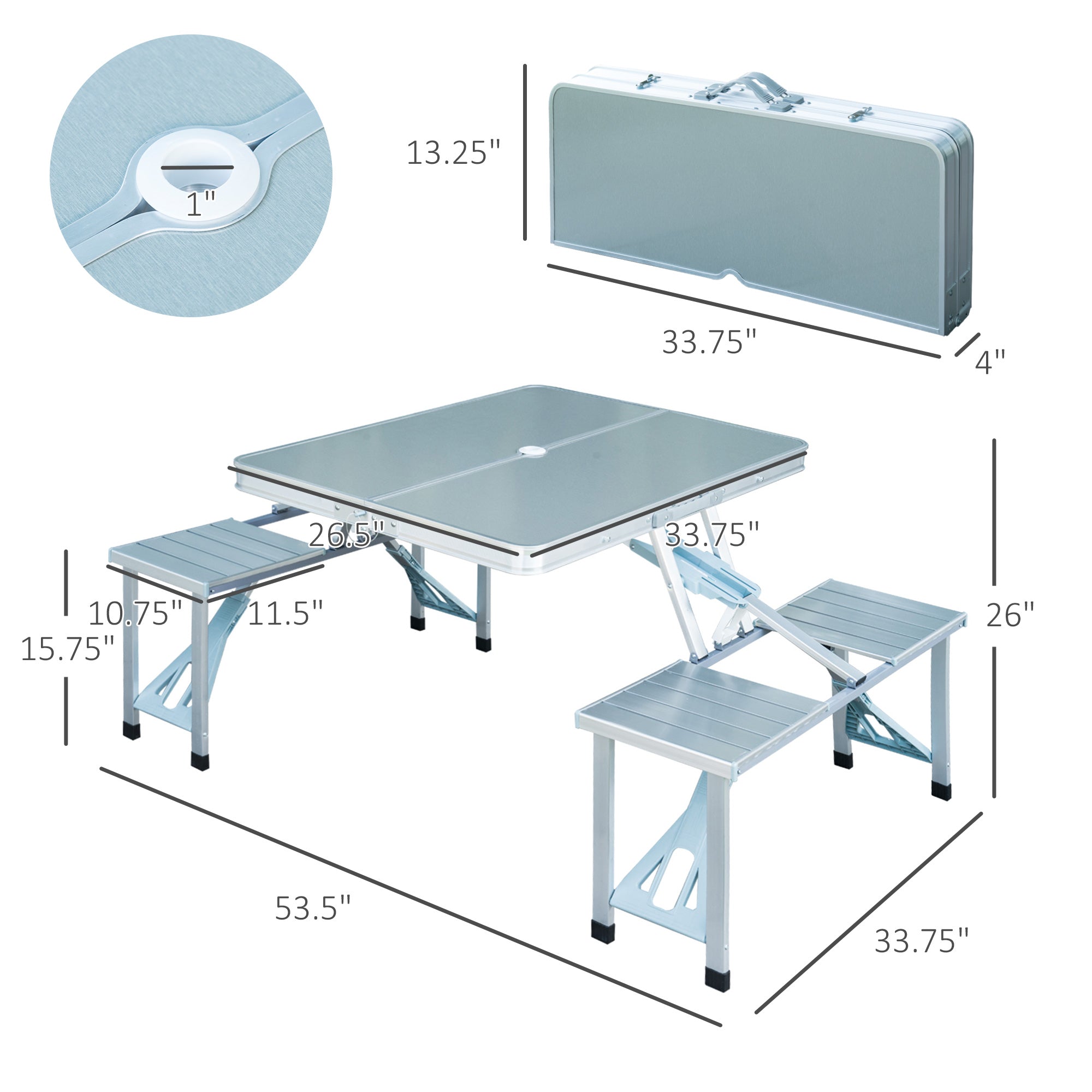 Outsunny 4 Person Aluminum Portable Compact Folding Suitcase Picnic Table Set with Umbrella Hole - Silver