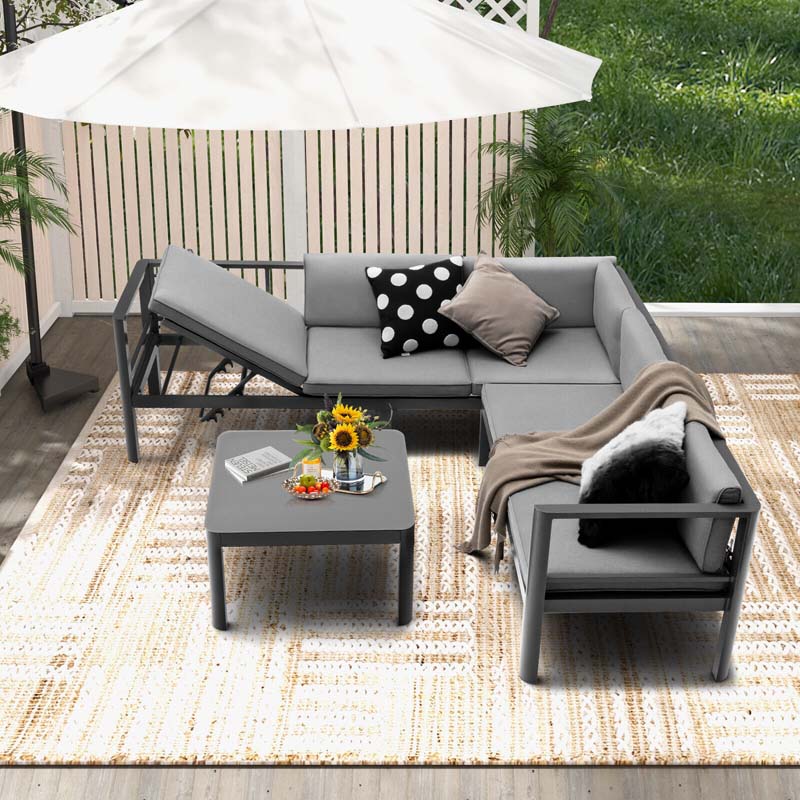 3 Pcs Aluminum Patio Furniture Set with 6-Level Adjustable Backrest, Outdoor Sectional Sofa Set with Cushions