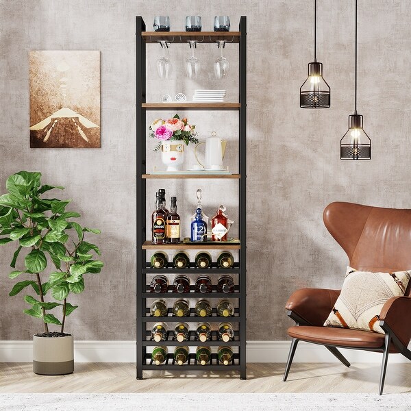 20 Bottle Freestanding Floor Wine Rack， 9 Tier Floor Liquor Cabinet with Glass Holder and Storage Shelves