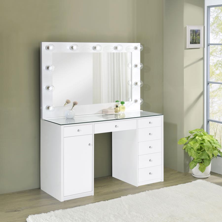 Acena 7-drawer Vanity Set with Lighting White High Gloss	-  931143