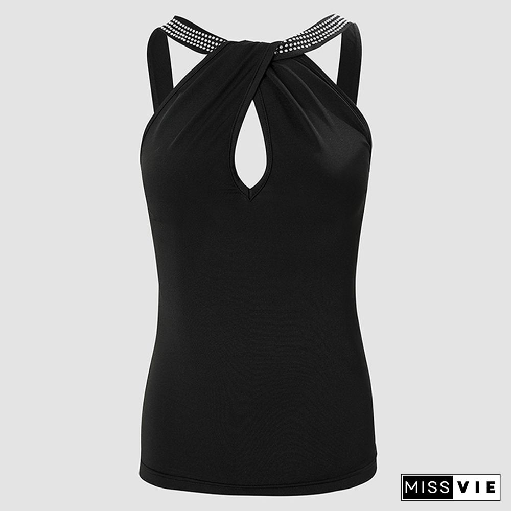 Fashion Folds Solid Color Tank Top Women Sexy Halter Rhinestone Hollow Out Slim Top Casual Straps Backless Inside Tee Shirt Vest