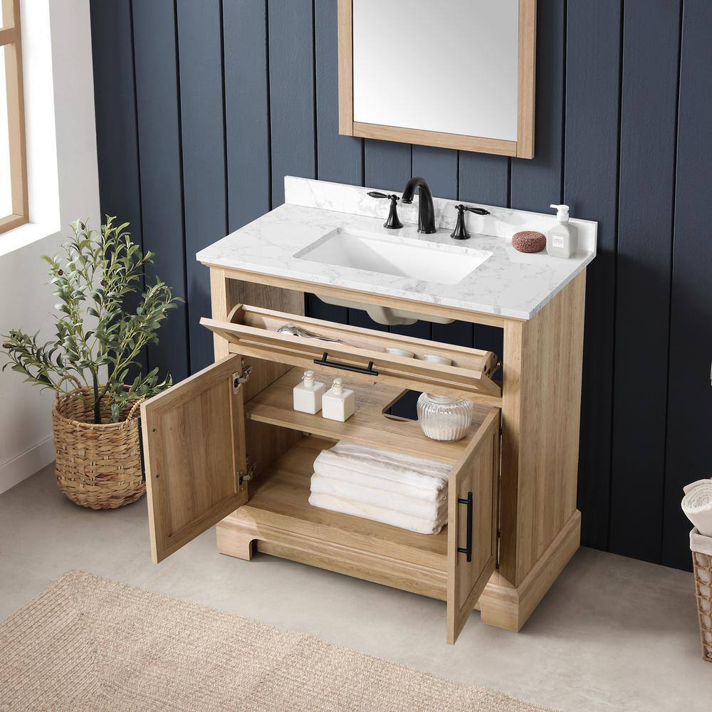 Home Decorators Collection Doveton 36 in. W x 19 in. D x 34.50 in. H Freestanding Vanity in Weathered Tan with White Engineered Stone Top Doveton 36WT