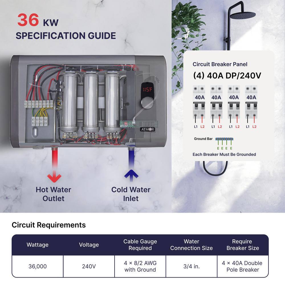 ATMOR 36kW 7.03 GPM Electric Tankless Water Heater Ideal for 4 Bedroom Home up to 8 Simultaneous Applications AT-36WH-HD