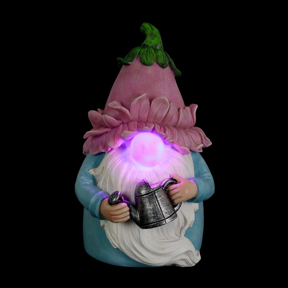 Exhart Solar Color Changing Glow Nose Gnome Garden Statue with a Pink Flower Hat and Watering Can  5 by 7.5 Inches