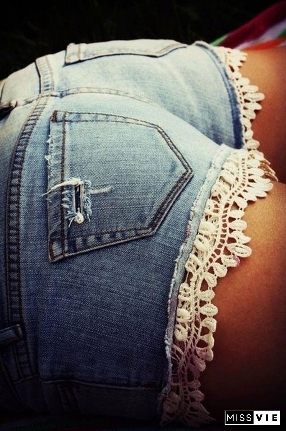 Women Sexy Pachwork Denim Shorts Lace Trouser