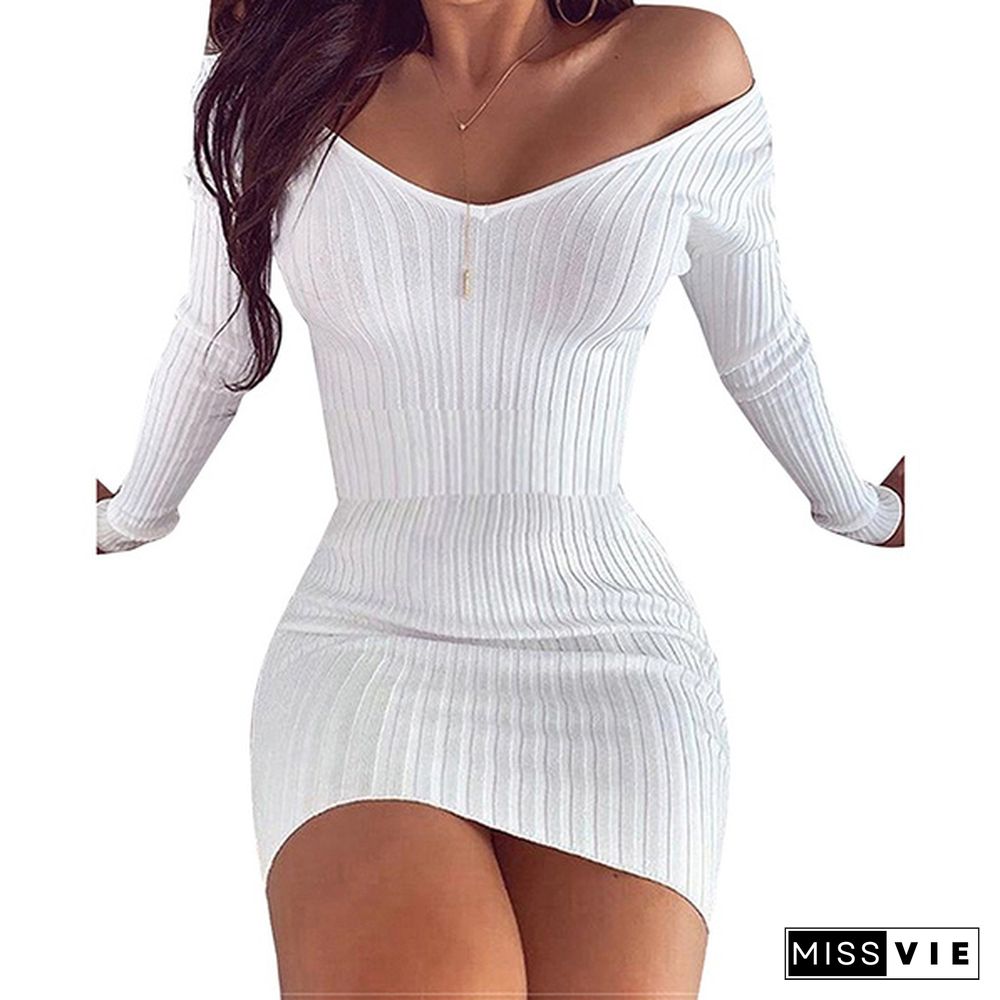 Fashion Women V-neck Bodycon Sexy Knitted Dresses Petal Cuff Pullover Mini solid Dress for Woman