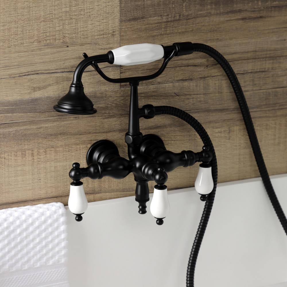 Kingston Brass Vintage 3-38 in. Wall Mount 3-Handle Claw Foot Tub Faucet with Hand Shower in Matte Black HAE23T0