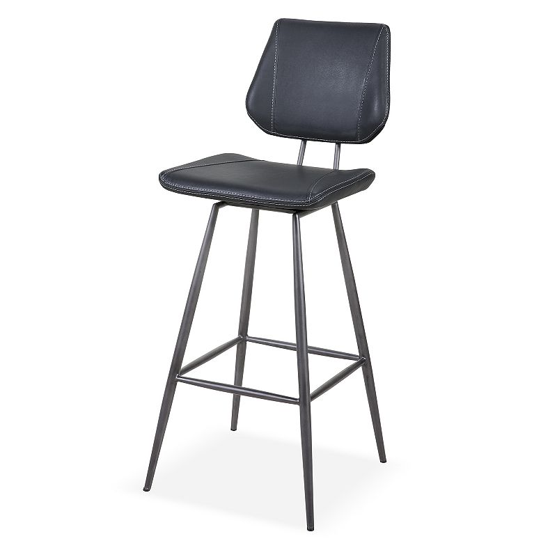 Leather Upholstered and Metal Bar Height Stool with Stitch Details， Black