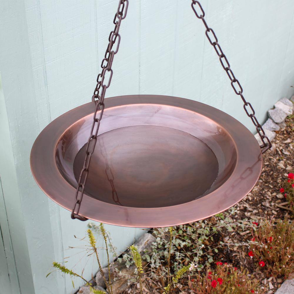 ACHLA DESIGNS 18 in. Dia Round Antique Finished Classic Copper Hanging Birdbath with Roman Bronze Wrought Iron Hanger BBH-04CP