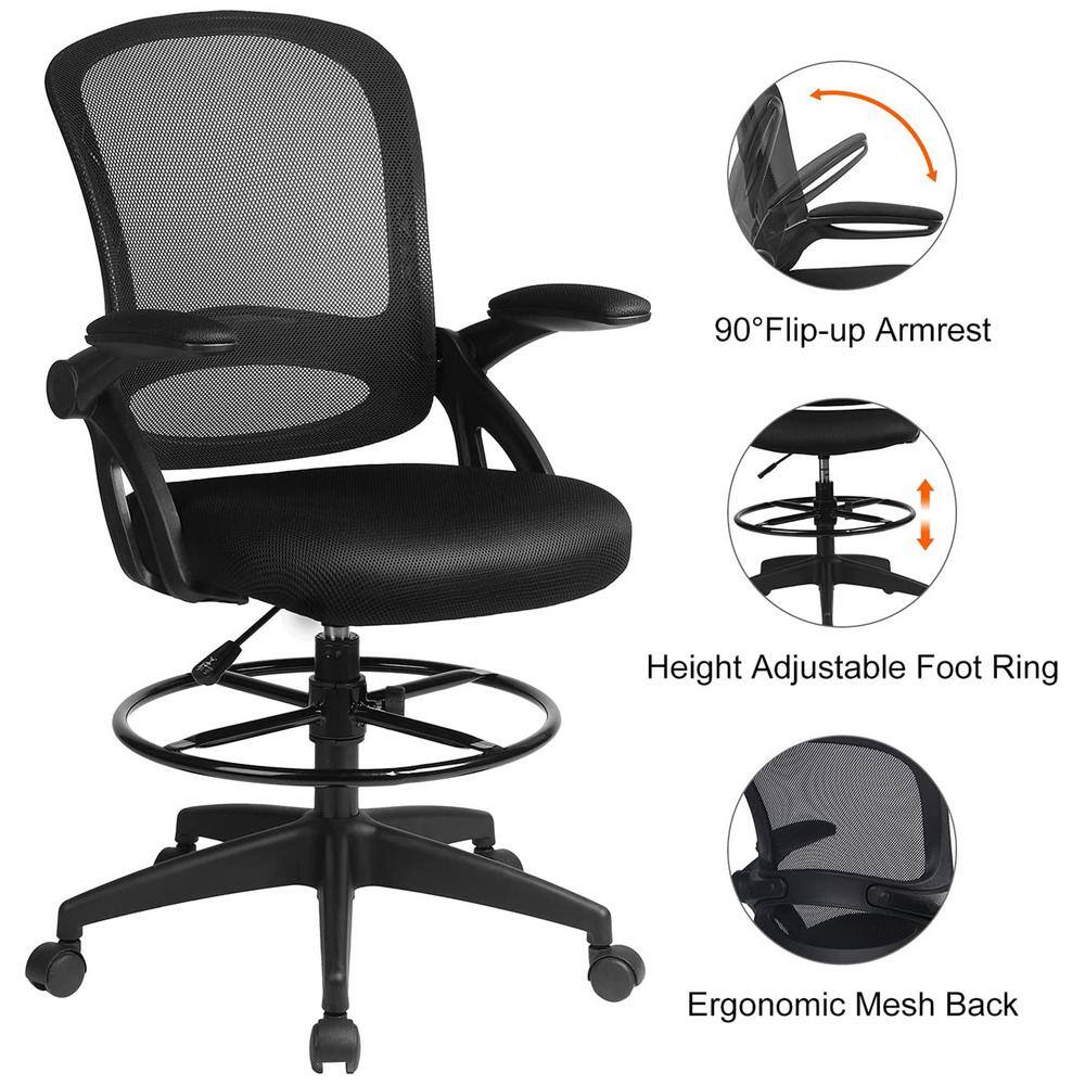 Lucklife Black Mesh Drafting Chair Tall Office Chair with Flip-up Armrests HD-CH110-BLACK