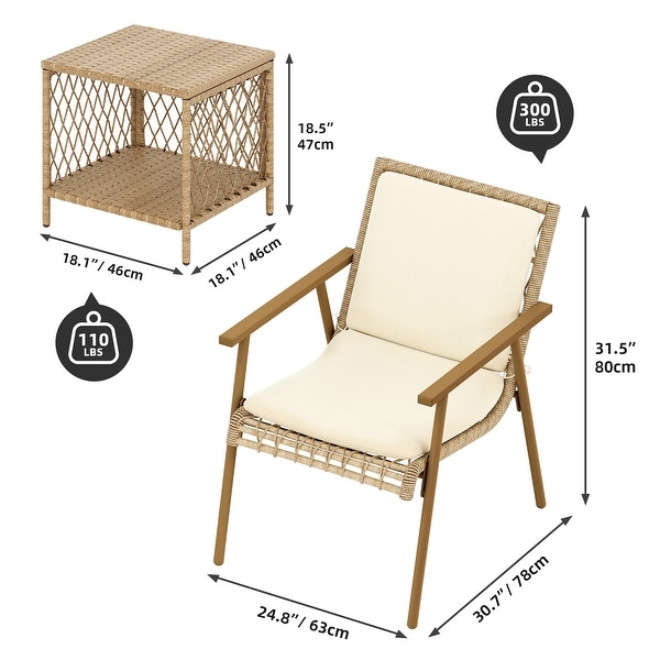 Moasis 3Pieces Wicker Bistro Set Outdoor Rattan Furniture with Beige Cushion and Coffee Table