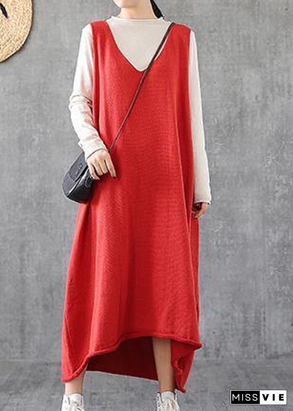 Simple red tunic top v neck sleeveless Maxi Dress