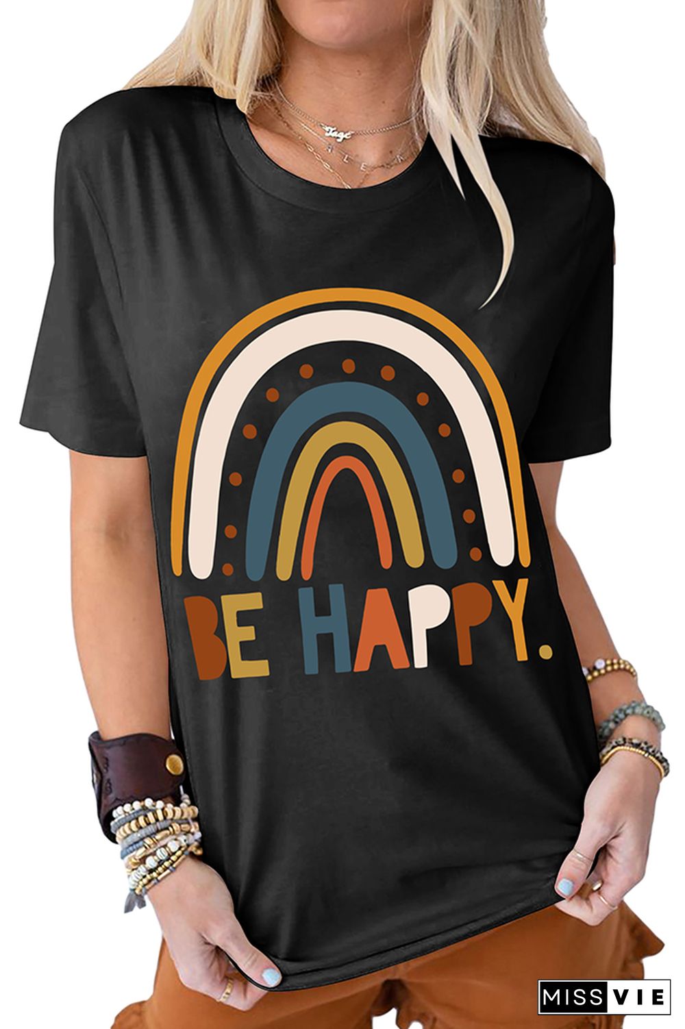 Be Happy Print Graphic Tees for Women Wholesale Short Sleeve T shirts Top