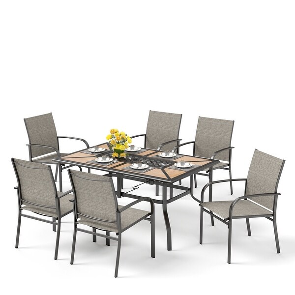 MAISON ARTS Patio Dining Set 7Piece Metal Woodlook Geometric Rectangle Table and 6 Textilene Chairs