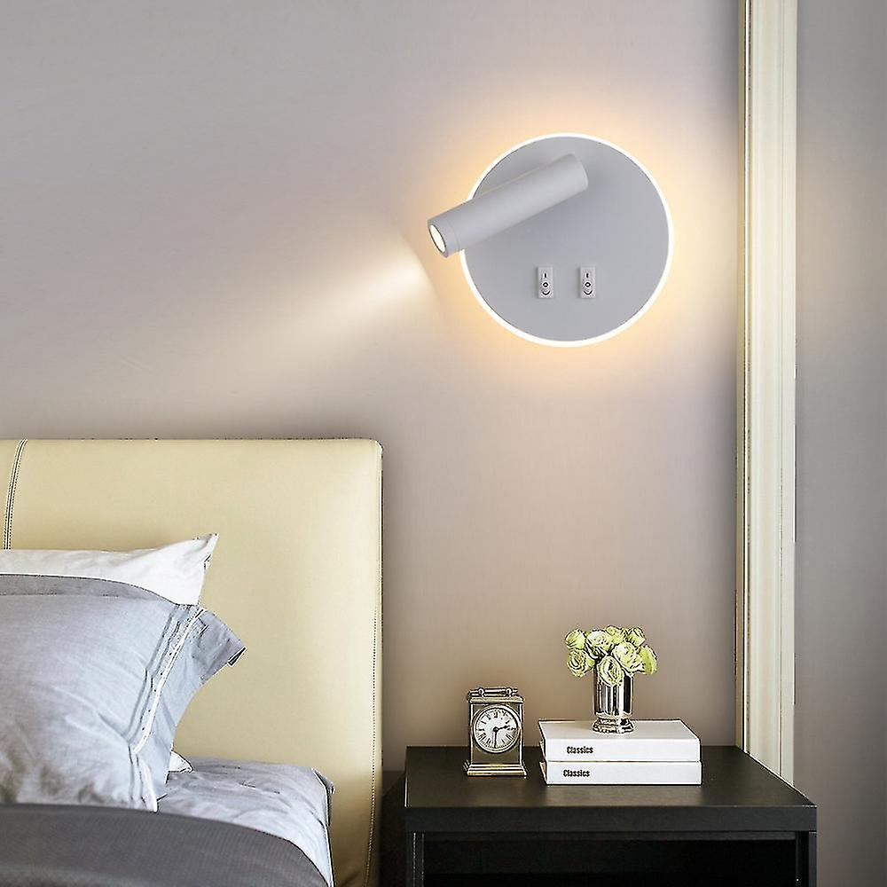 11w Led Bedside Lights With Switch，white(3w+8w 3000k Warm Light)(round)