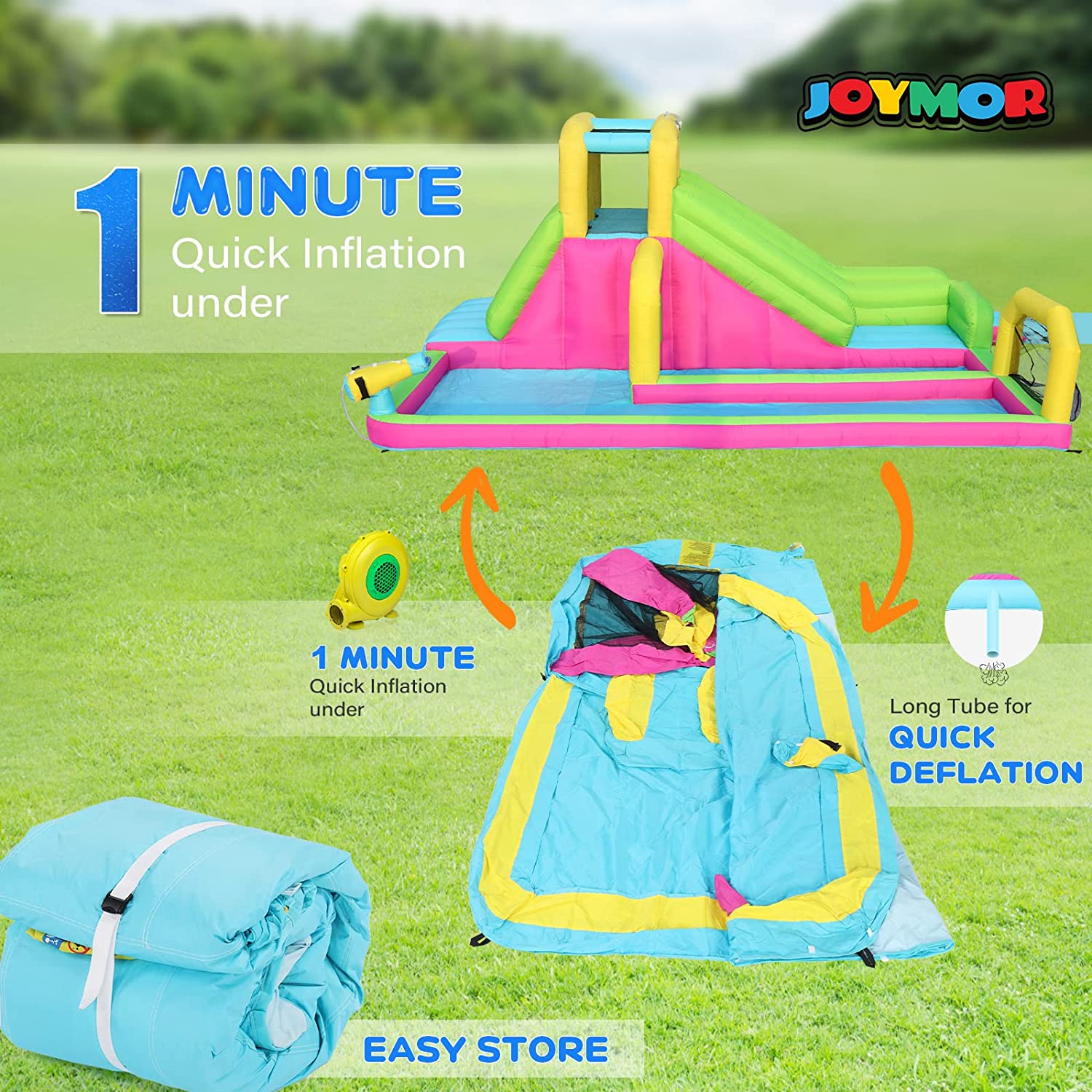 JOYMOR Inflatable Water Slide Park with 20FT Slip and Slides for Kids Backyard, Scoccer Net, Obstacle Course, Water Gun, Lawn Water Slide Summer Water Toy with Sprinkler w/Bodyboard & 750w Air Blower