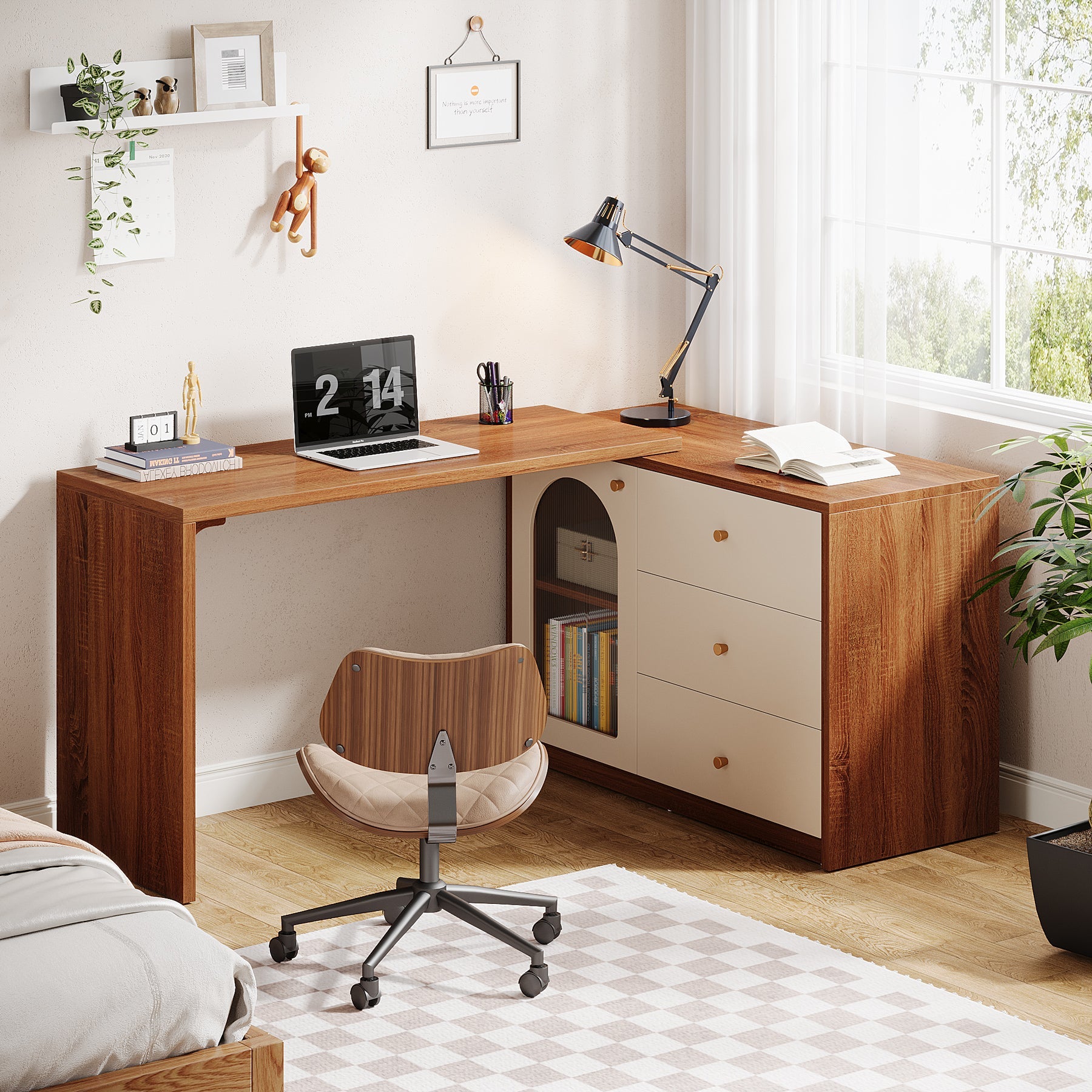 L-Shaped Computer Desk, Corner Office Desk with Reversible Storage Cabinet