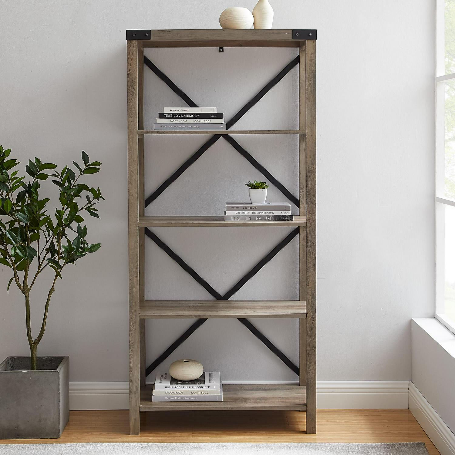 Desert Fields Rustic Industrial 4-Shelf Bookshelf， Gray Wash