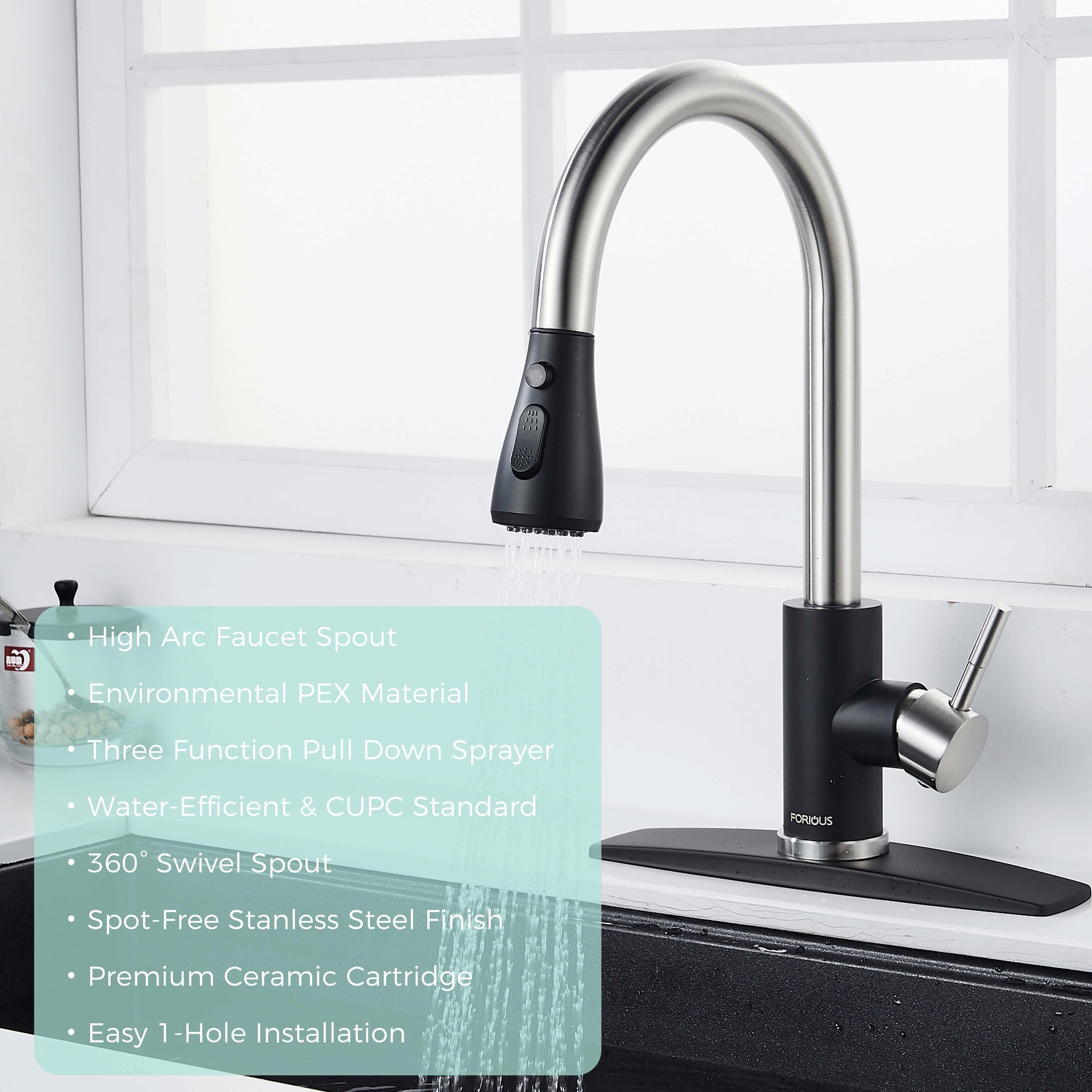 Forious Kitchen Faucet with Pull Down Sprayer Single Handle Brush Black in Kitchen