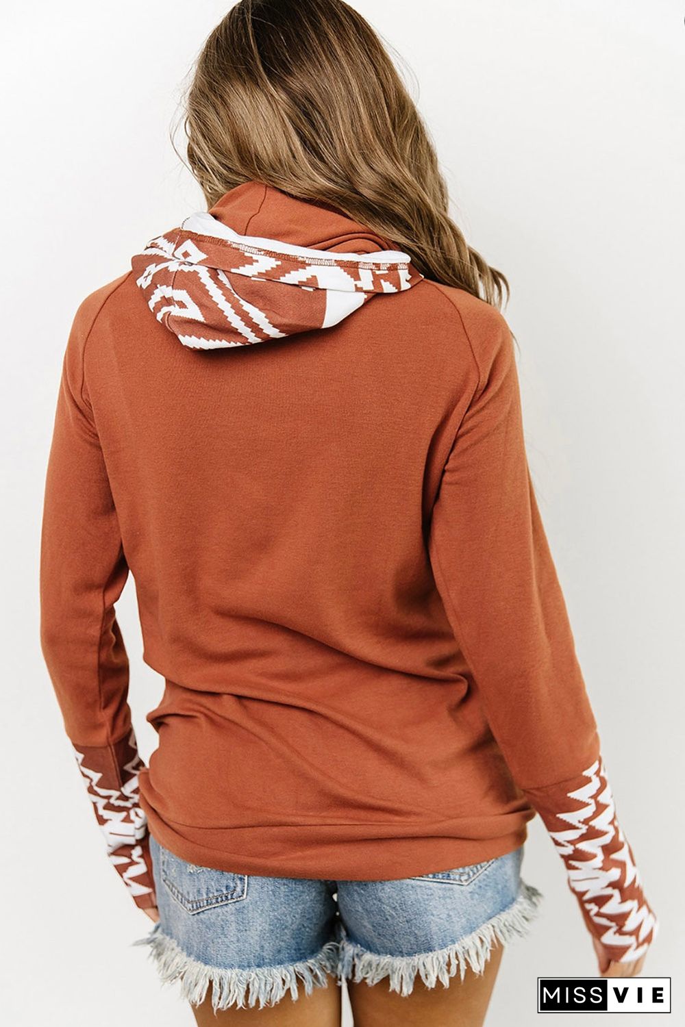 Brown Aztec Print Patchwork Thumb Hole Hoodie