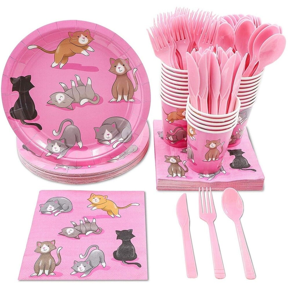 24 Set Disposable Dinnerware Tableware for Kids Girls Birthdays Party Cute Cat