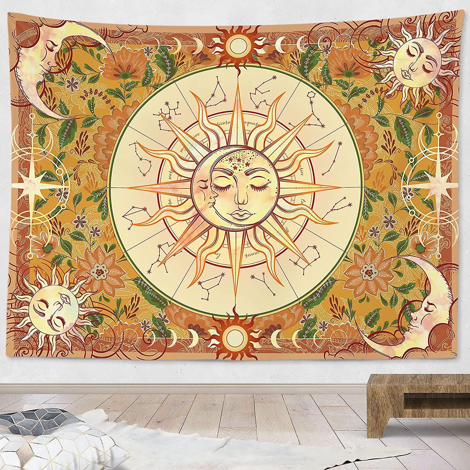 Vintage Tapestry Burning Sun Tapestries Pastel Mystic Tapestry Celestial Sun And Moon With Stars Tapestry Psychedelic Hippy Tie Dye Wall Hanging For P