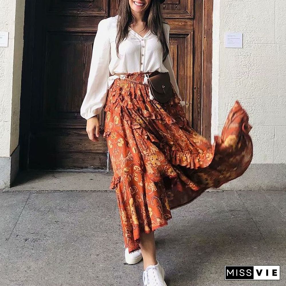 90s Fashion Retro Elastic Waist Paisley Ruffle Midi Skirt