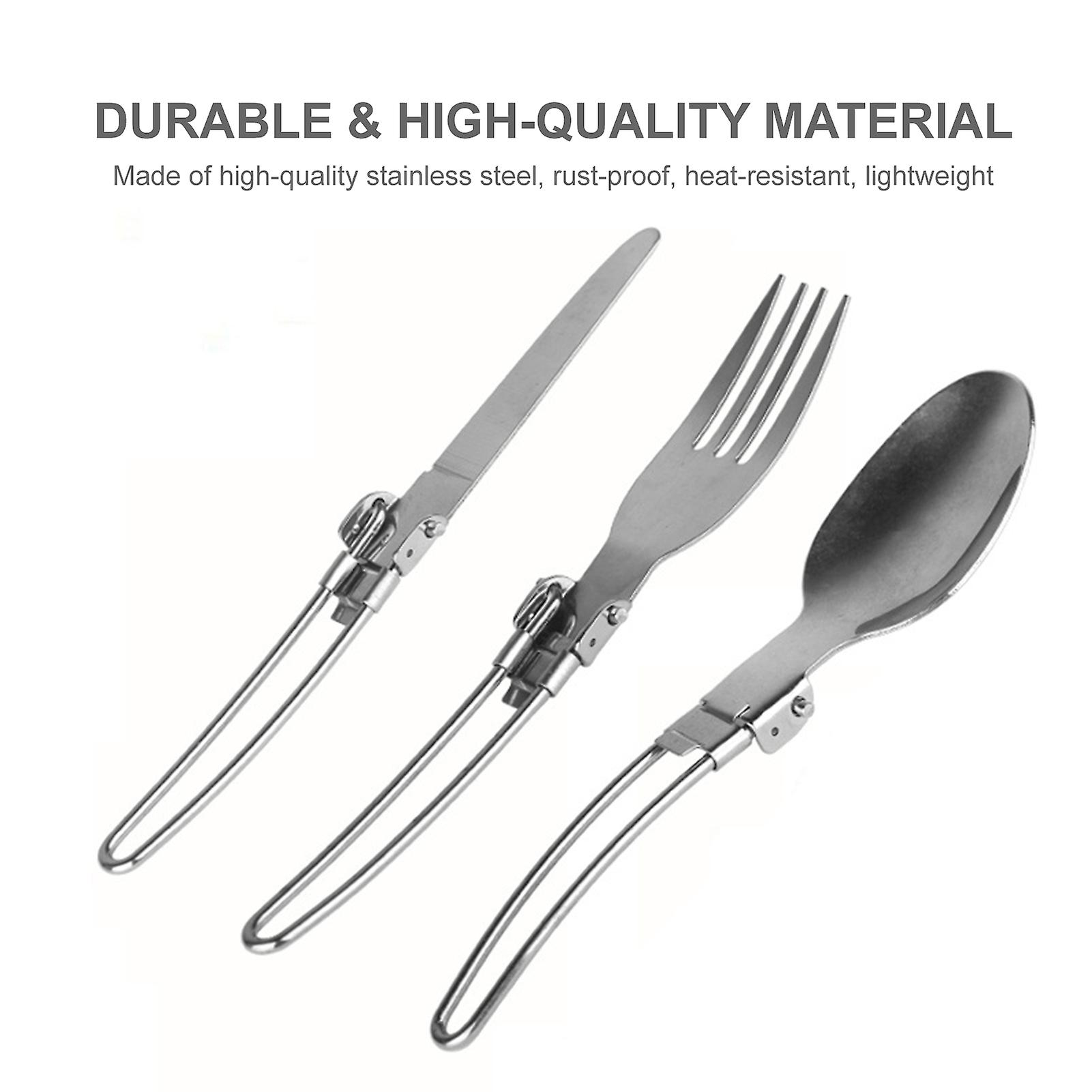 3pcs Folding Knife Fork Spoon Set Foldable Cutlery Set Stainless Steel Camping Cutlery Set For Travel Trekking Hiking With Storage Bags No.322275