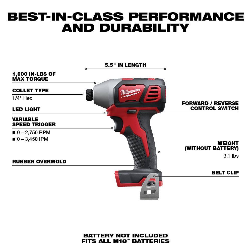 MW M18 18V Lithium-Ion Cordless 14 in. Hex Impact Driver (Tool-Only) 2656-20