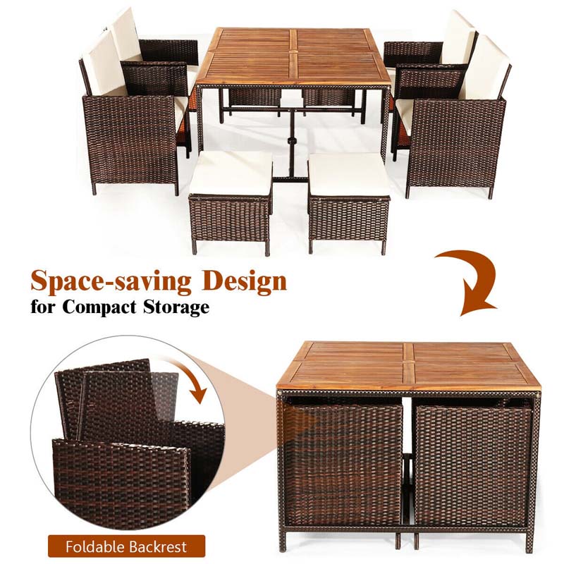 9 Pcs Rattan Wicker Outdoor Patio Dining Set with Acacia Wood Dining table, 4 Ottomans, 4 Cushioned Armchairs