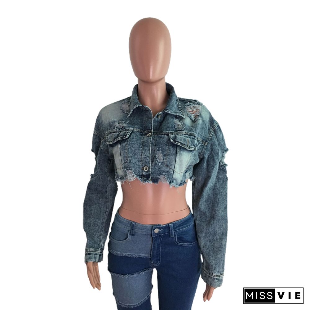 Frayed Ripped Hole Denim Bombers Jacket