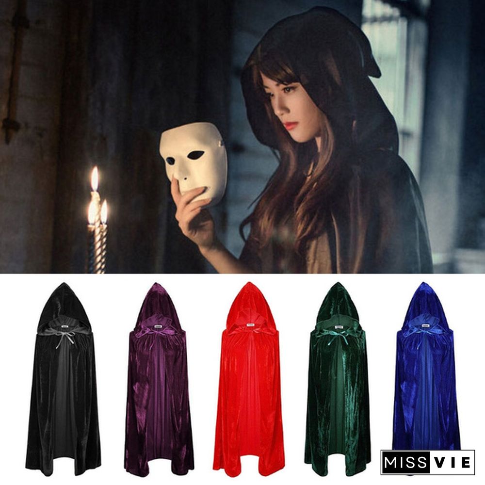 Women Gothic Hooded Velvet Cloak Robe Medieval Witchcraft Cape Halloween Cosplay Costume Masquerade Party Fancy Dress Carnival S-XL