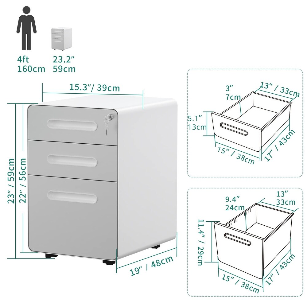 3 Drawer Rolling File Cabinet  Metal Mobile File Cabinet with Lock  Filing Cabinet Under Desk fits Legal/Letter/A4 Size