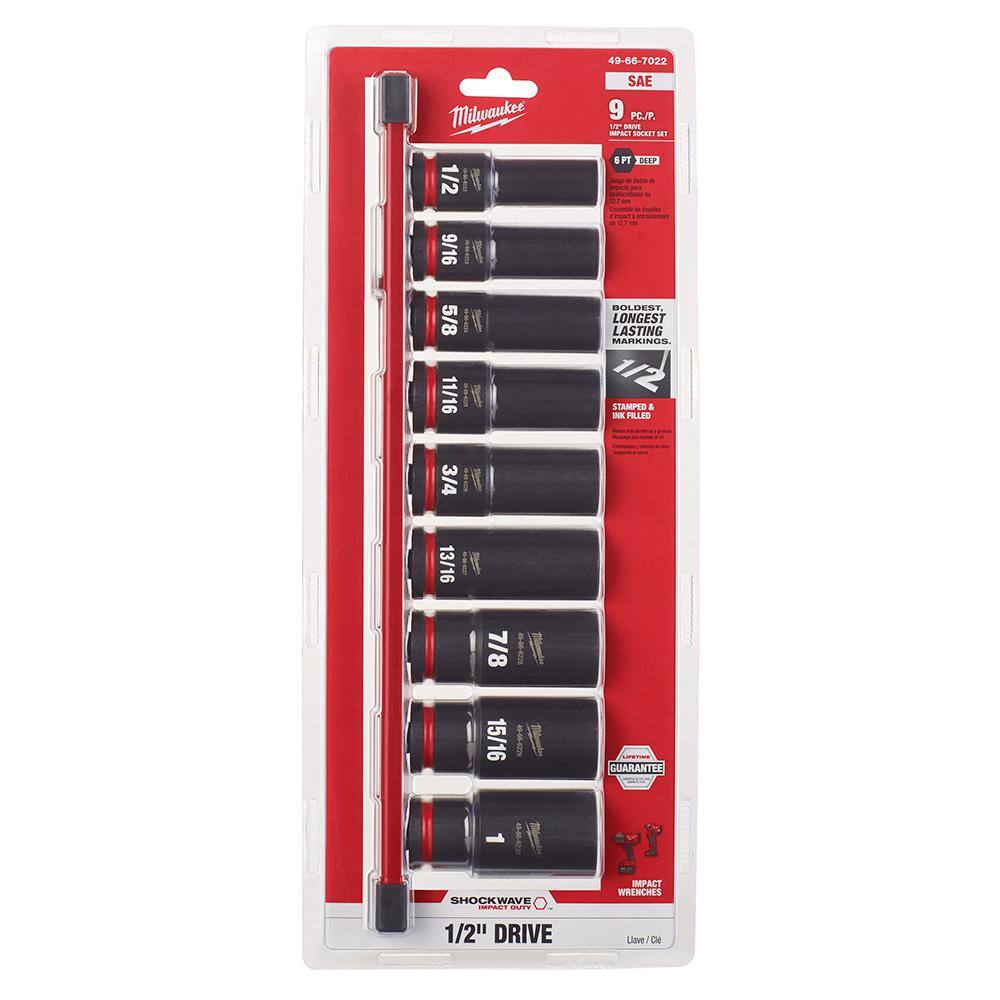 MW SHOCKWAVE Impact Duty 12 in. Drive SAE Deep Well Impact Socket Set (9-Piece) 49-66-7022