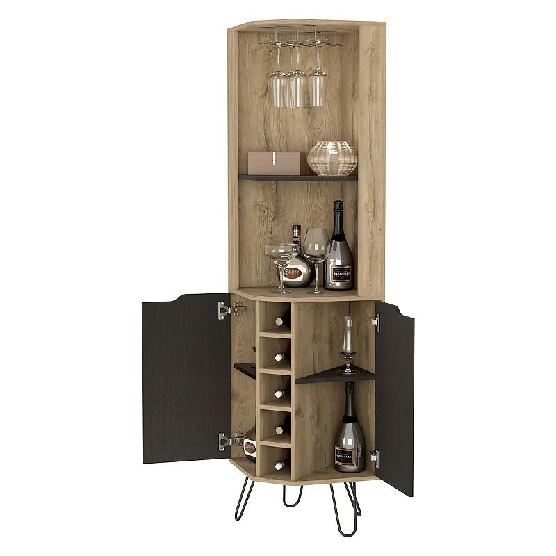 Grace Corner Bar Cabinet， Six Built-in Wine Rack， Four Shelves， Door， Two Shelves