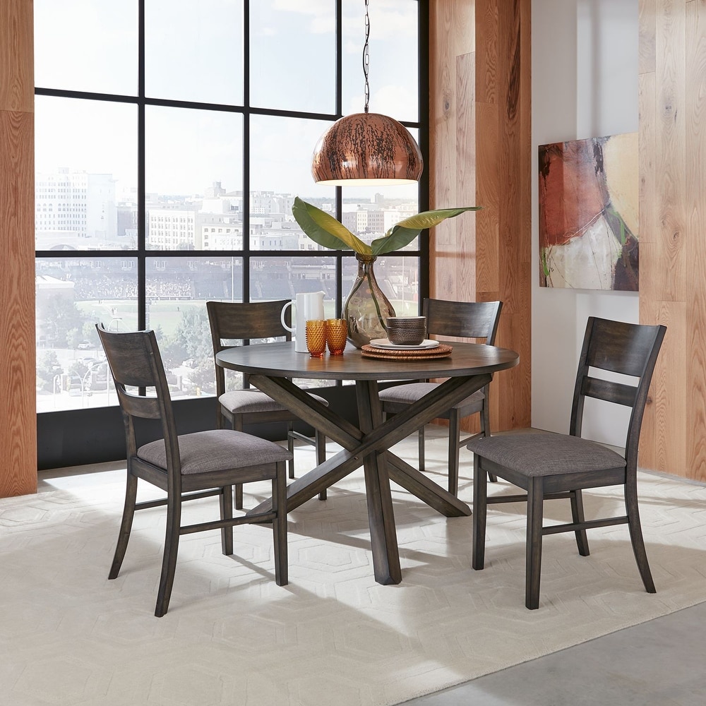 Roundhill Furniture Almeta Dining Set   Crisscross X Base Round Table with 4 Chairs in Dark Umber Brown Finish