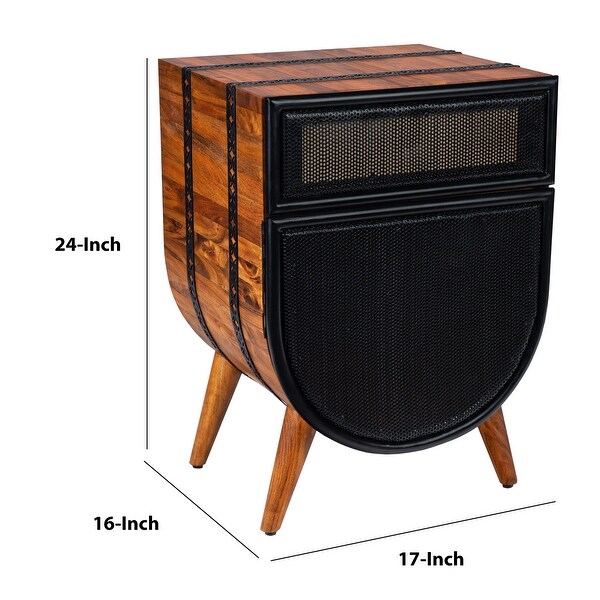 24 Inch Acacia Wood Accent Cabinet Chest with 1 Mesh Drawer and 1 Door， Brown and Black