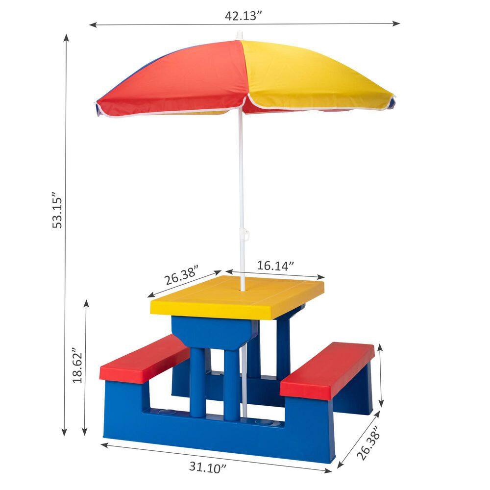 TIRAMISUBEST Yellow Plastic Kids Outdoor Picnic Table Set with Umbrella Kids Activity Play Table with Bench D0XY102HARINY