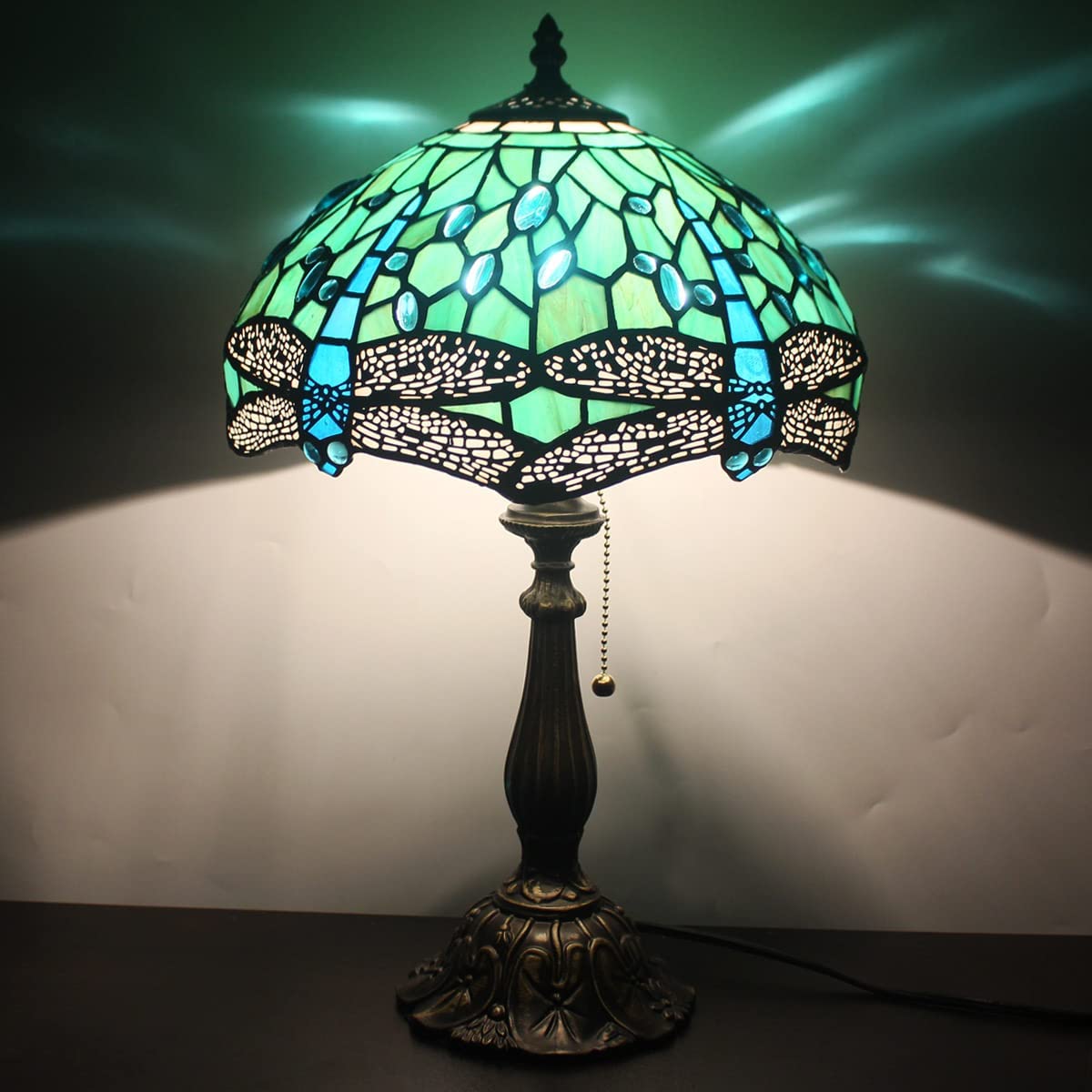 SHADY Tiffany Lamp W12H19 Inch Green Stained Glass Dragonfly Style Table Reading Lamp Nightstand Bedside Desk Light Decor Living Room Bedroom Home Office Work Study Pull Chain Switch