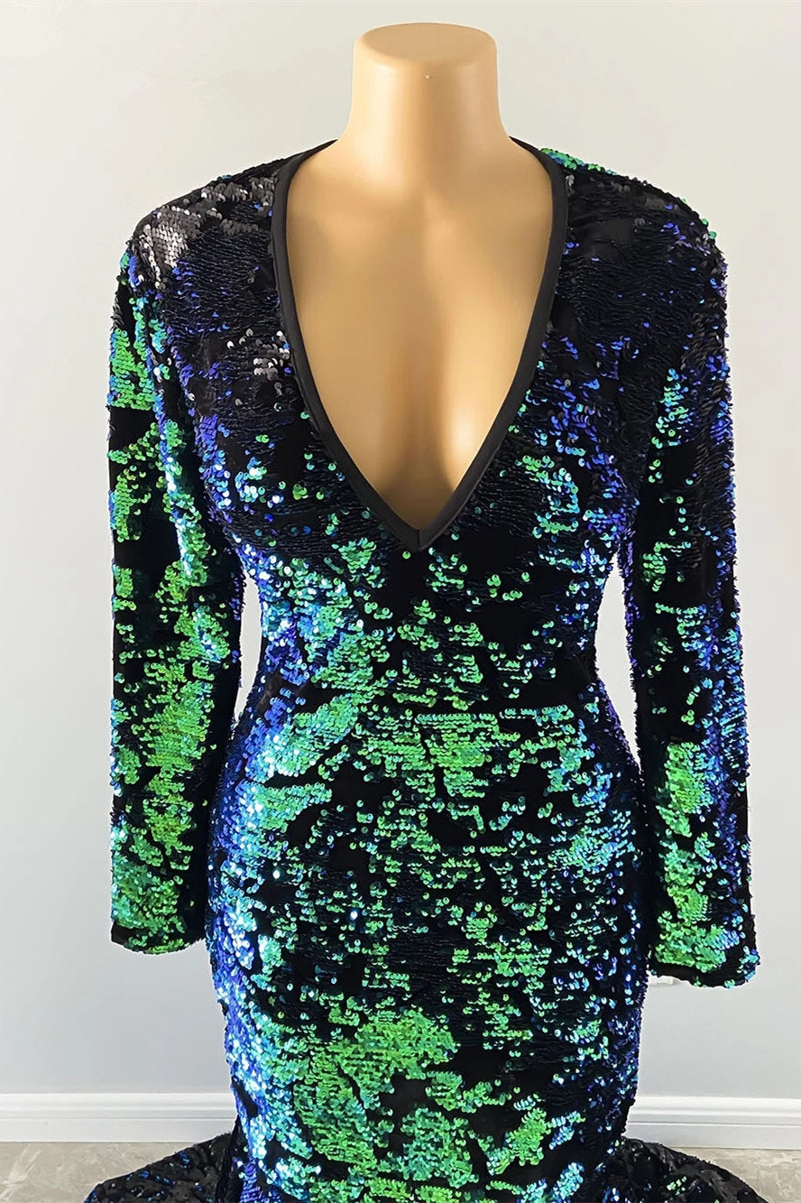 Long Sleeves Velvet Prom Dress Green V-Neck
