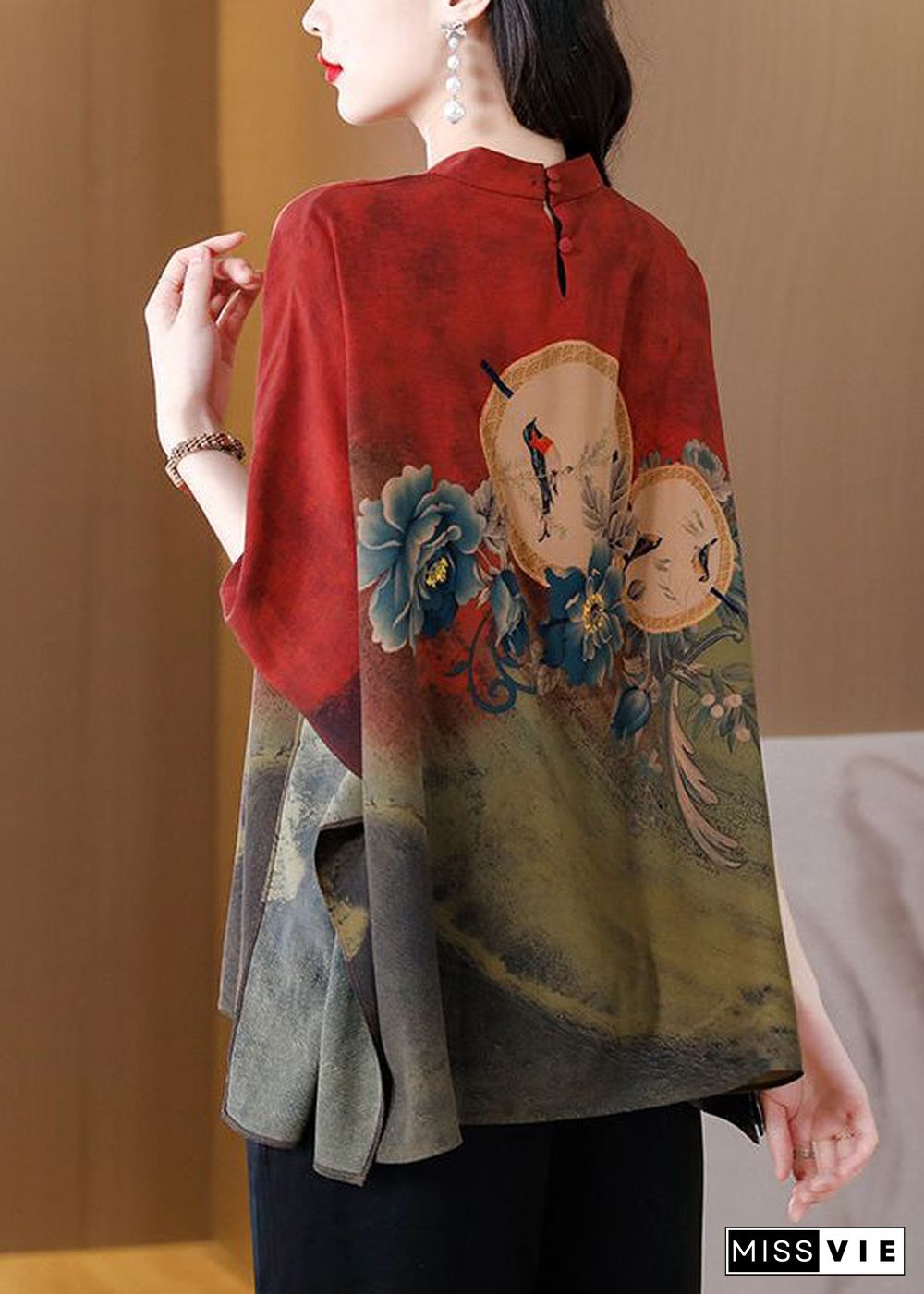 Red Print Loose Silk Blouse Top Mandarin Collar Batwing Sleeve