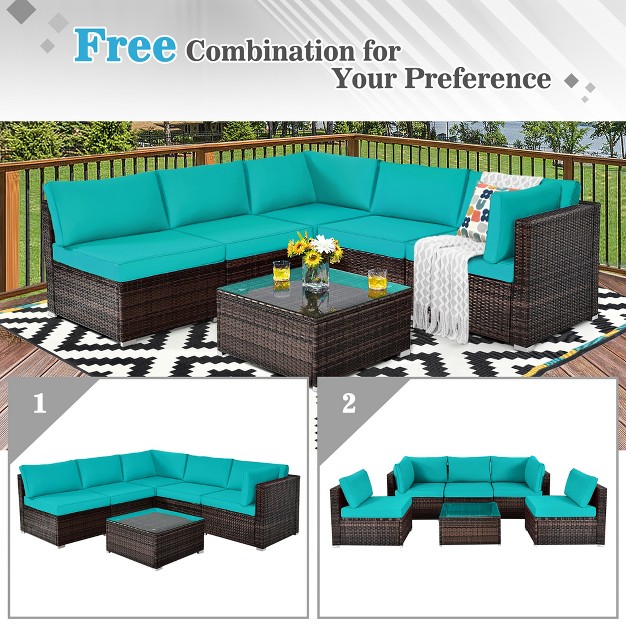 Costway 6pcs Patio Rattan Furniture Set Cushioned Sofa Coffee Table Garden