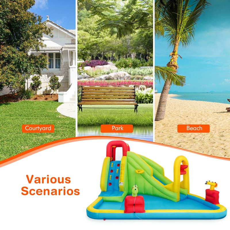 7-in-1 Kids Long Slide Water Park Inflatable Bounce House with Climbing Wall, Splash Pool, Basketball Rim, Water Cannons