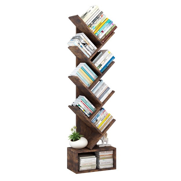 Trinity 8 tier Tree Bookshelf With Storage Wooden Floor Standing Bookcase Storage Rack Utility Organizer Shelves Rustic Brown