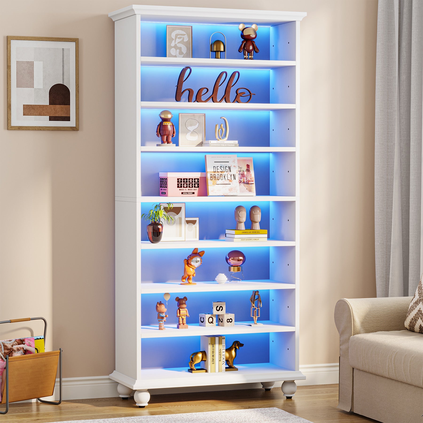 9-Tier Bookcase Wood Bookshelf with LED Lighting & Solid Wood Legs