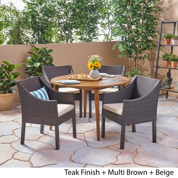 Torrence Outdoor 5 Piece Wood and Wicker Dining Set